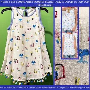 WHIMSICAL NWOT S SWING TANK WHITE W CUTE PRINT BLUE TRIM-CES FEMME